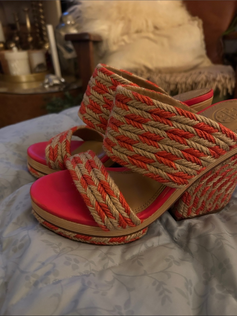 Tory Burch Orange and Natural Braided Platform Sandals